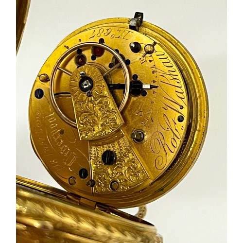 5048 - An 18ct gold cased open-faced pocket watch, champlevé gilt dial with Roman numerals and foliate deta... 