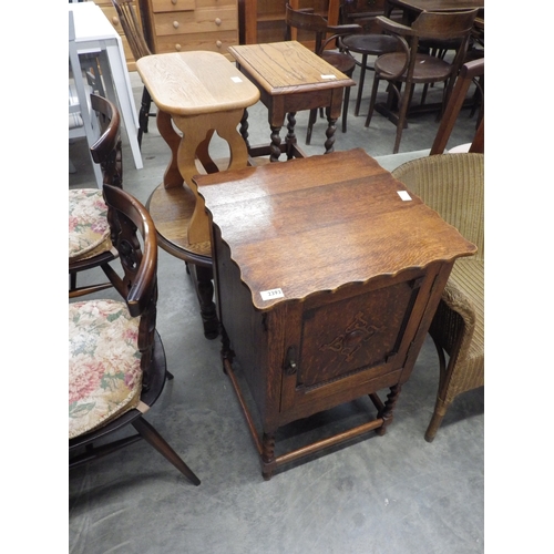 2393 - An oak joined stool together with a later stool, circular coffee table and a cabinet (4)