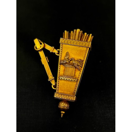 5075 - A mid-19th Century gold, enamel and diamond set pendant-watch. The case in the form of a quiver topp... 