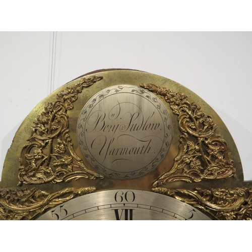 8006 - An oak longcase clock by Benjamin Sudlow of Yarmouth, ornate dial with silvered Roman chapter ring, ... 