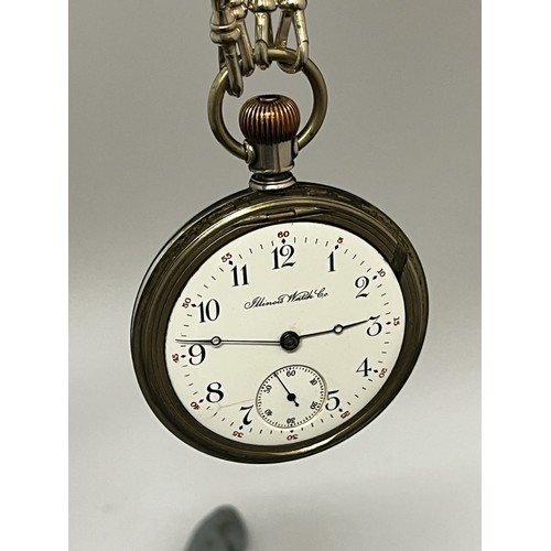 5139 - ILLINOIS WATCH CO: An early 20th Century silver open-faced American pocket watch, Arabic enamelled d... 