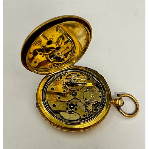 5086 - A 19th Century 18ct gold Swiss full hunter repeating fob watch, floral engraved case, gilded Roman d... 