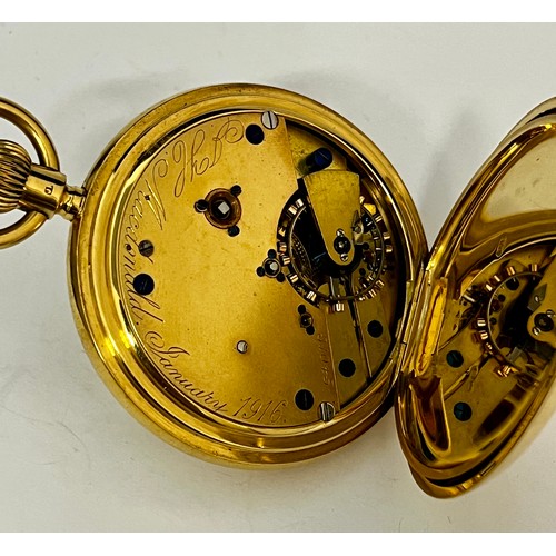 5072 - SIGNED J.H. MACDONALD: An early 20th Century 18ct full hunter pocket watch, enamelled Roman dial wit... 