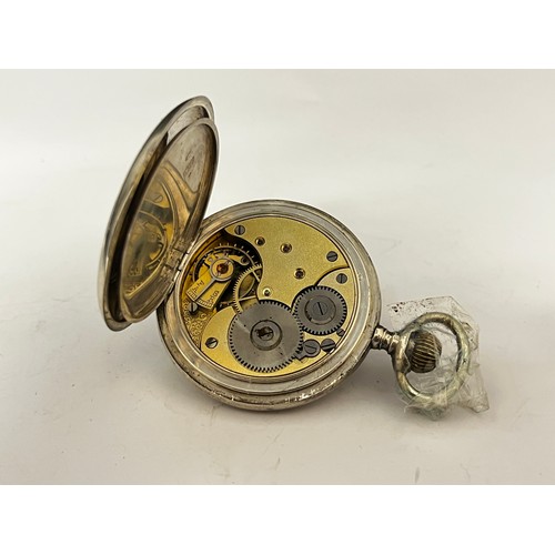 5145 - OMEGA: A .800 silver cased full hunter crown-wind pocket watch, Arabic dial with subsidiary seconds,... 