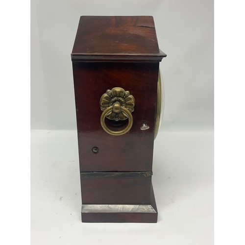 5005 - A 19th Century flame mahogany and brass inlaid mantel clock, re-painted convex dial with blued steel... 