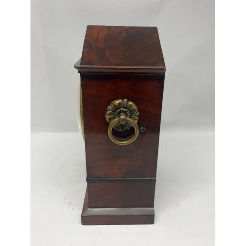 5005 - A 19th Century flame mahogany and brass inlaid mantel clock, re-painted convex dial with blued steel... 