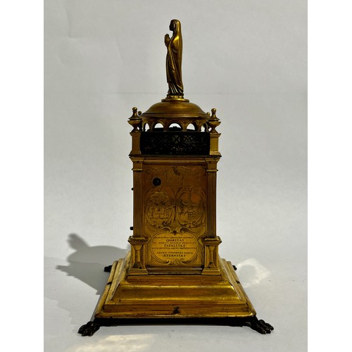 5021 - A mid-17th Century Tabernacle form gilt brass striking and alarm table clock, case possibly German, ... 