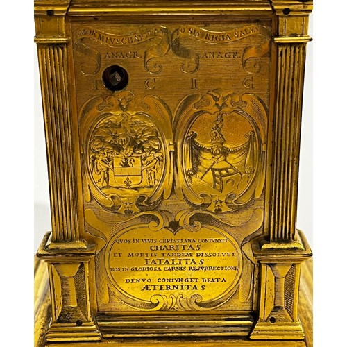 5021 - A mid-17th Century Tabernacle form gilt brass striking and alarm table clock, case possibly German, ... 