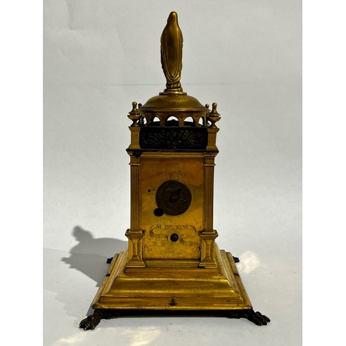 5021 - A mid-17th Century Tabernacle form gilt brass striking and alarm table clock, case possibly German, ... 