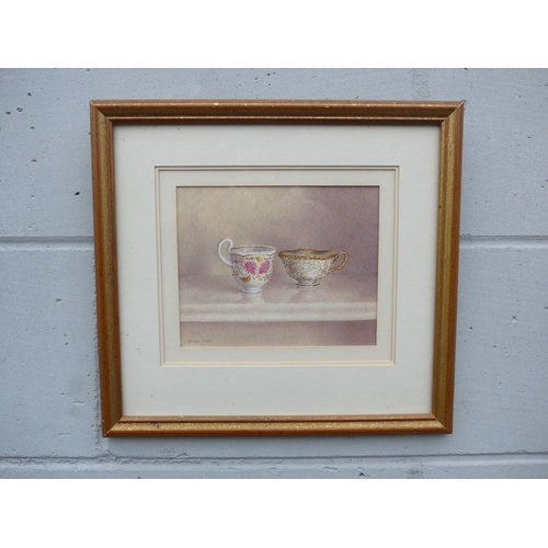 1064 - JANET SKEA (b.1947), Watercolour of a coffee can and teacup, signed bottom left, 16cm x 19.5cm image... 