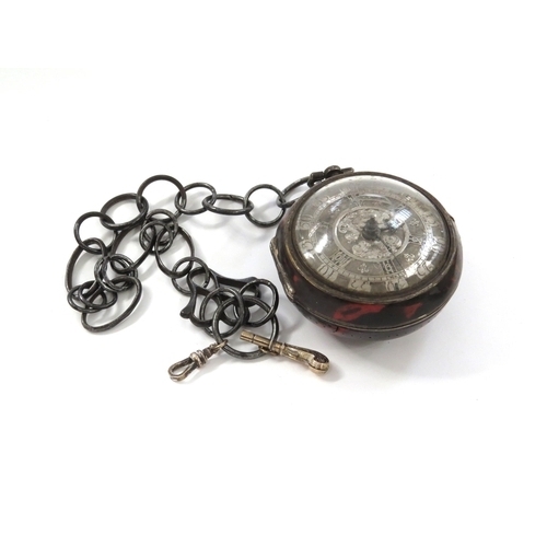 8122 - An early 18th Century silver and tortoise shell pair cased pocket watch, the outer tortoise shell ca... 