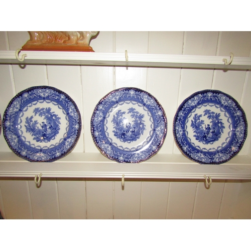 1038 - A set of six Victorian Doulton Watteau pattern flow blue plates, 26cm diameter