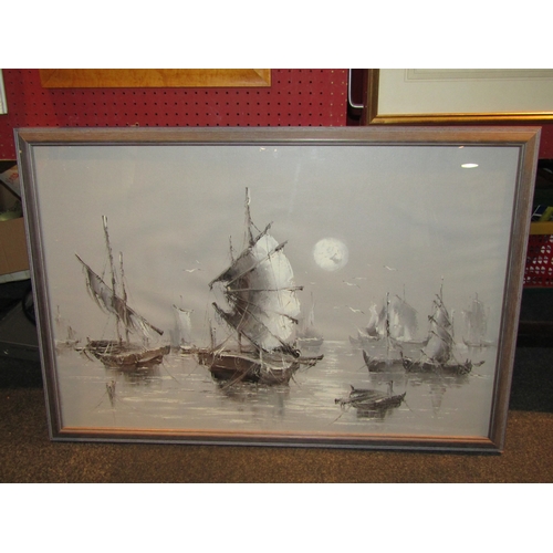 1066 - A monotone oil on canvas depicting junks and boats in moonlit scene, framed and glazed, 60cm x 90cm ... 