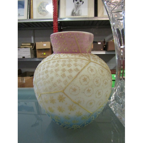 1170 - A clear glass Art Deco style vase. Base chipped. 30cm tall. A Victorian opaque glass vase painted in... 