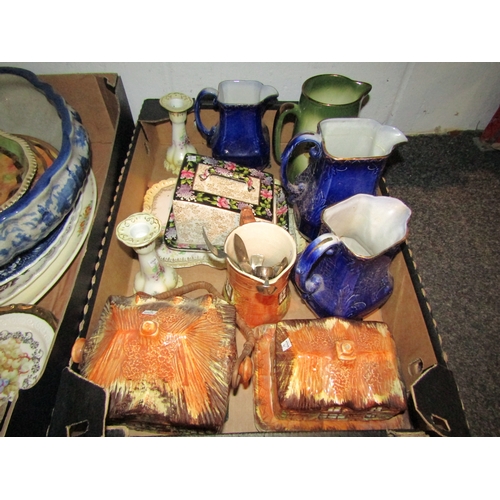 1219 - Two boxes containing mixed ceramics including cottage ware, a cheese dish, water jugs, part dressing... 