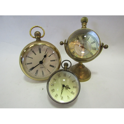 1319 - Two modern pocket watches.  Boxed.  A brass pocket watch shaped alarm clock.  Two modern spherical m... 