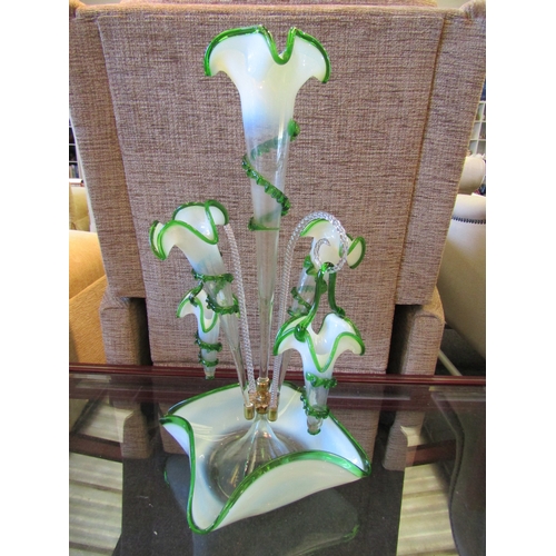 1016 - A Victorian green edged glass epergne, one trumpet a/f, 53cm tall