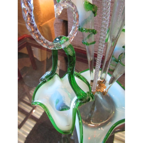 1016 - A Victorian green edged glass epergne, one trumpet a/f, 53cm tall