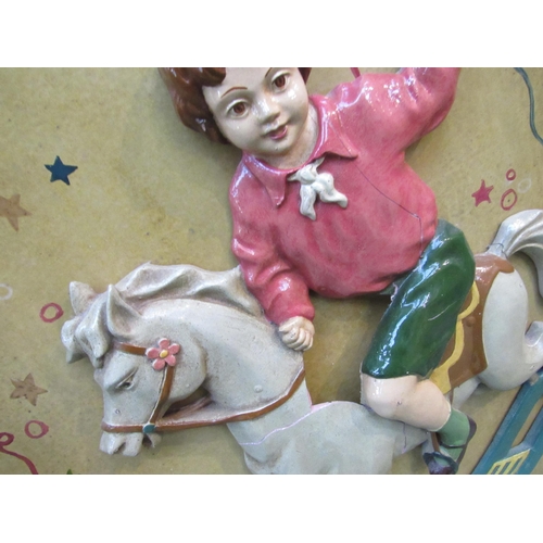 5035 - A modern painted wooden Toys sign with child on rocking horse in relief, 86cm x 55.5cm (a/f)