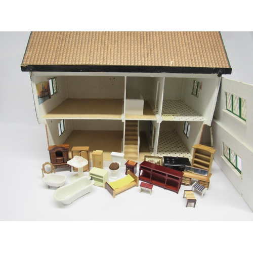 5045 - A vintage Mock Tudor style two-storey dolls house, 67.5cm wide x 58.5cm tall x 42cm deep. Appointed ... 