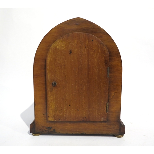 4099 - A German arched top chiming mantel clock with parquetry outline to front, silvered Arabic dial (scra... 