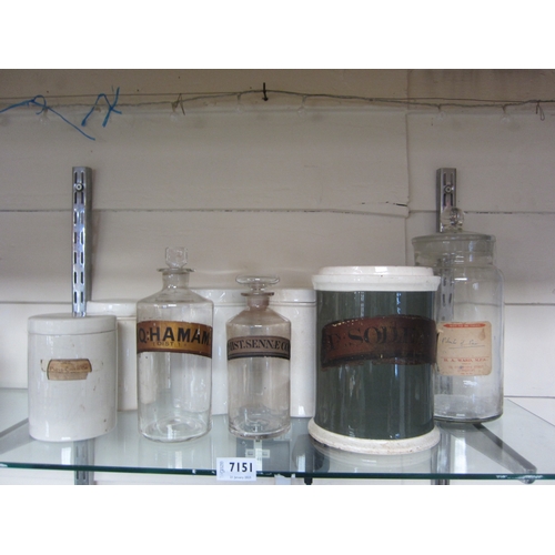 4203 - Five ceramic chemist storage jars (one lacking cover) and three glass bottles