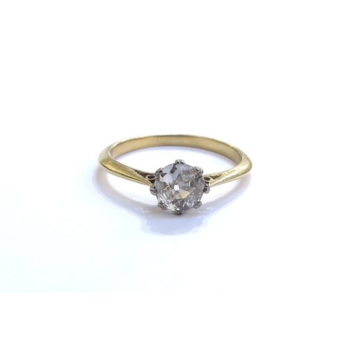 6259 - A diamond solitaire ring 1ct approx, unmarked gold. Size Q, 2.7g