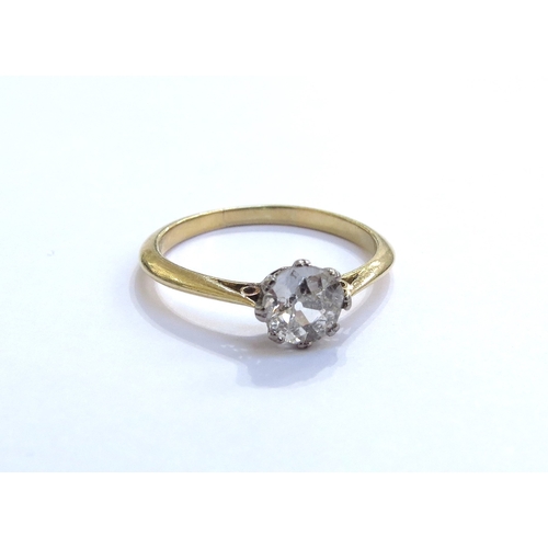 6259 - A diamond solitaire ring 1ct approx, unmarked gold. Size Q, 2.7g