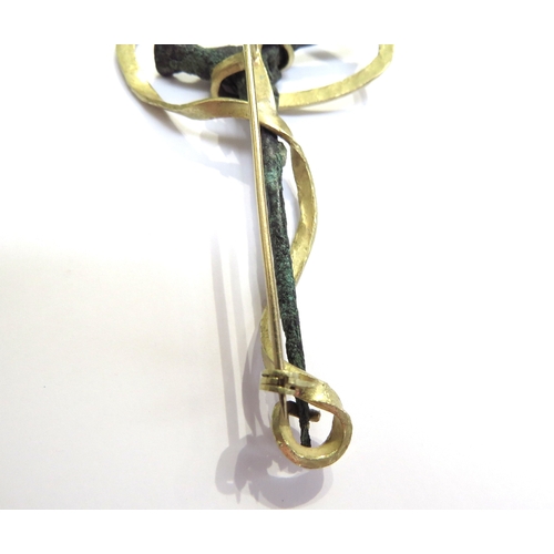 6288 - A bronze cloak pin as a bird with a later gold brooch mount stamped 18k, 8cm long, 16.5g