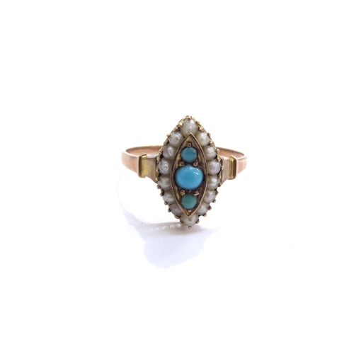 6291 - A gold marquise shaped ring set with three cabochon turquoise and seed pearls, stamped 9ct. Size L, ... 