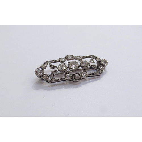 6005 - An Art Deco diamond encrusted brooch the centre diamond 0.50ct approx, unmarked platinum, 4.6cm long... 