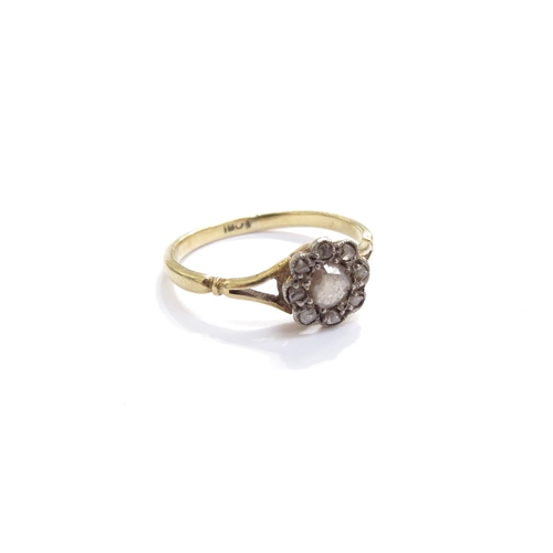 6307 - An old cut diamond cluster ring, stamped 18ct. Size M/N, 2.1g