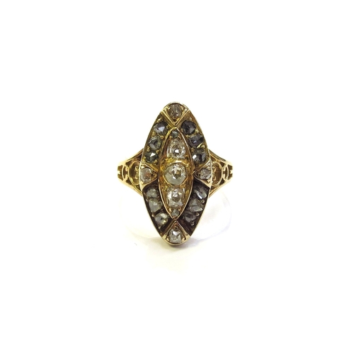 6393 - A marquise shaped old cut diamond cluster ring, unmarked gold. Size M, 5.4g