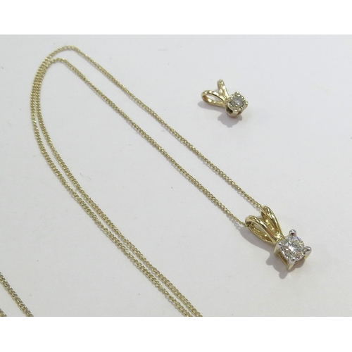 6030 - A diamond pendant hung on a fine 9ct gold chain, 40cm long and a smaller diamond pendant, 1g total