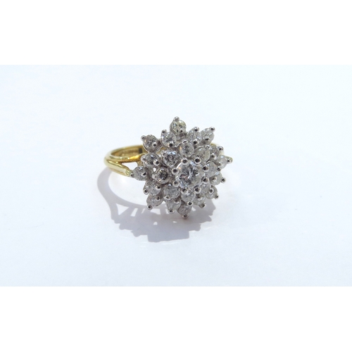 6011 - An 18ct gold diamond dress ring in stepped dome 1ct diamond total. Size P, 4.8g