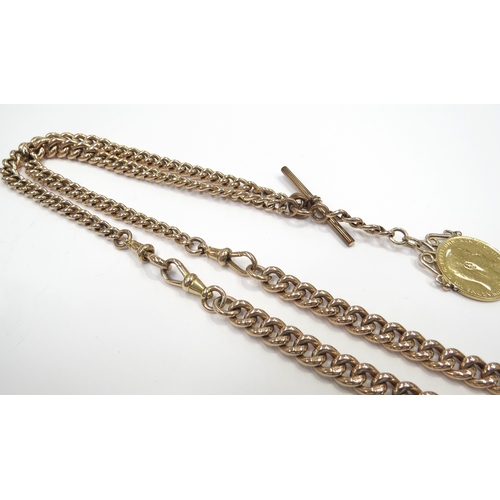 6172 - A 9ct gold watch chain with T-bar hung with a 1903 sovereign, 40g total