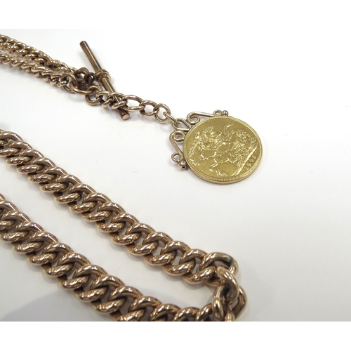 6172 - A 9ct gold watch chain with T-bar hung with a 1903 sovereign, 40g total