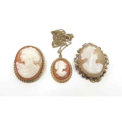 6204 - Two cameo brooches in 9ct gold frames and a cameo pendant hung on a 9ct gold chain