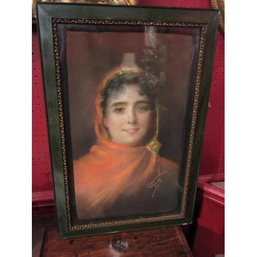 4028 - A portrait of a cloaked lady, signed E. Gizzella, framed and glazed, 53cm x 33cm image size