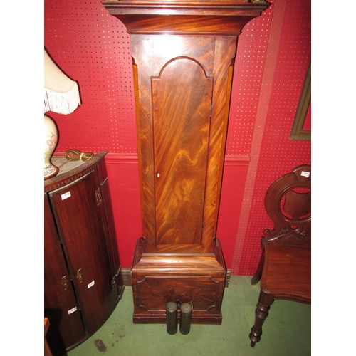 4039 - A Georgian mahogany grandfather clock with worn arch top dial, Woodbridge maker with weights and pen... 