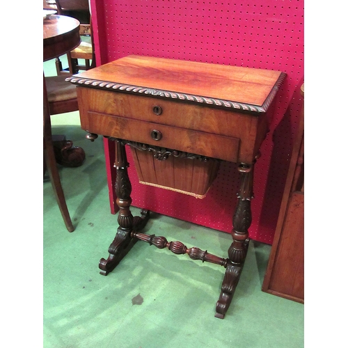 4057 - Circa 1840, a flame mahogany sewing table the internal mirror rising lid with key and fitted interio... 