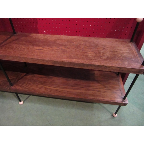 4068 - A 1960's Sputnik oak three tier floor shelf, 78cm tall x 125cm long x 23cm wide