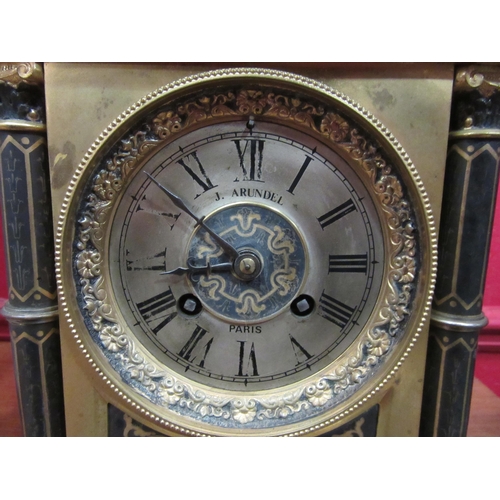 4100 - A 19th Century French brass cased mantel clock of architectural form, silvered Roman numeral dial si... 