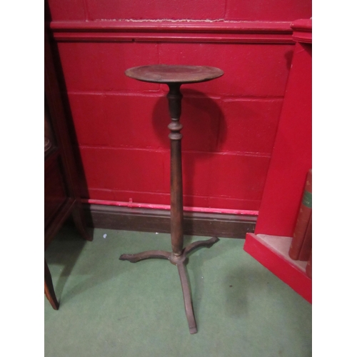 4107 - A brass tripod based plant stand, stained oak turned support with associated top, 84cm tall