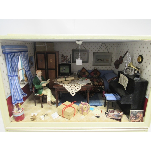 5055 - Two wooden cased dolls house room dioramas in wooden cases with sliding perspex fronts, one depictin... 