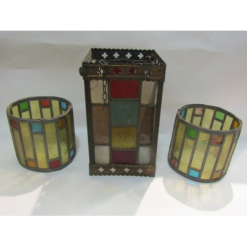 4205 - An early 20th Century ceiling lantern with coloured glass panels and two matching cylindrical piece ... 