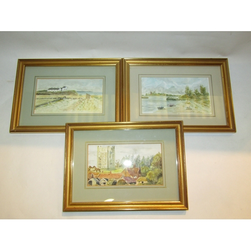 4211 - Three gilt framed watercolours: Orford Castle, monogrammed RS '85, the beach and church at Iken and ... 