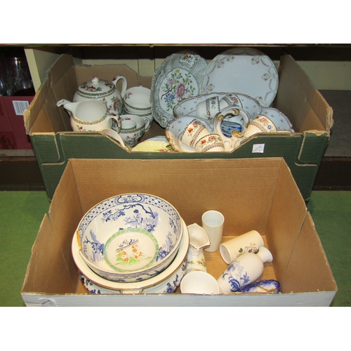 4334 - Two boxes of ceramics including Johnson Bros. part teaset, various blue and white plates, Copeland S... 