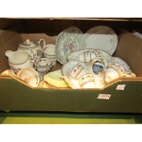 4334 - Two boxes of ceramics including Johnson Bros. part teaset, various blue and white plates, Copeland S... 