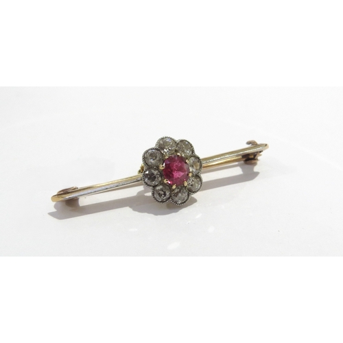 6026 - A ruby and diamond cluster bar brooch, 3.5cm long, 2.3g, in fitted box